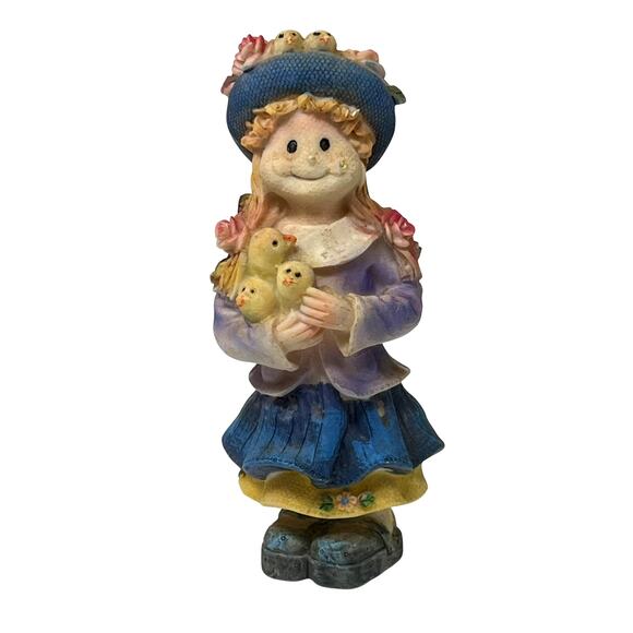 Girl Holding Chicks & Chicks on Her Hat Figurine 6" - Picture 1 of 6